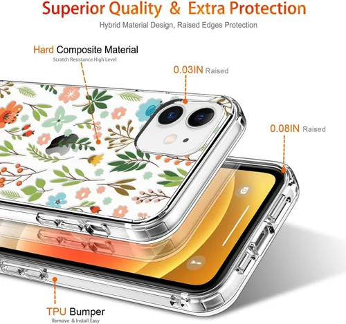 Miniatura 4 de Funda para iPhone 12, iPhone 12 Pro con protector de pantalla, transparente de cuerpo completo, funda protectora floral para niñas y mujeres, a