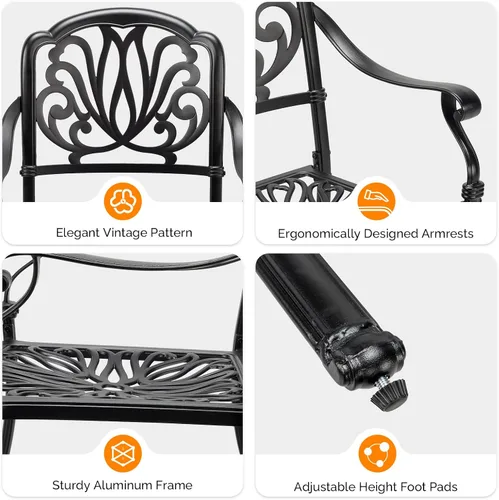 Miniatura 8 de VINGLI Juego de 2 sillas de patio apilables de aluminio fundido para exteriores con acabado negro vintage y patrón floral, sillones de metal