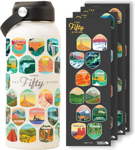 Wondery Botella de agua de viaje oficial de Fifty States con calcomanías impermeables y pajilla, color crema, 32 onzas grabadas, acero inoxidable