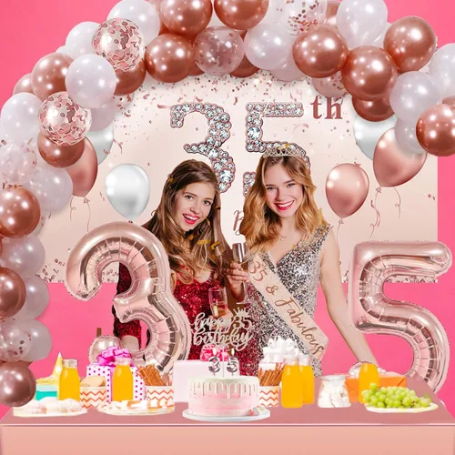 Miniatura 7 de Trgowaul Juego de globos decorativos de cumpleaños número 35, arco de mujer, pancarta de cumpleaños número 35 de oro rosa y mantel de fiesta
