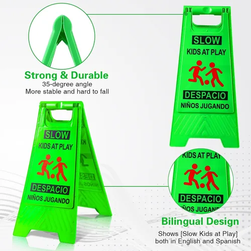 Miniatura 3 de 2 letreros de seguridad para niños en juego lento, texto y gráficos de doble cara, letreros de advertencia para jugar en la calle, vecindarios