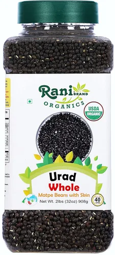 Rani Organic Urid/Urad Entero Negro (frijoles mate con piel) Lentejas indias 32oz (2 libras) Tarro PET de 32.03 oz ~ Todo natural | Vegano | Apto