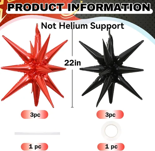 Miniatura 2 de HILAVO 6 unidades de Globos de Estrella Negros y Rojos, 22 Pulgadas, Globos de Aluminio Grandes en Forma de Estrella, Globos de Cono en Punta