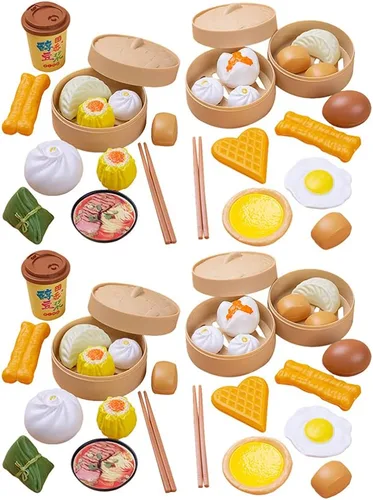 NUOBESTY Juego de comida china para el desayuno, 58 piezas, juguetes de cocina con Dim Sum para cocinar alimentos para niños, juego de rol,