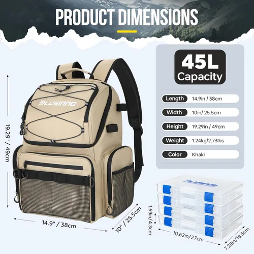 Miniatura 3 de PLUSINNO - Mochila de pesca con portacañas y enfriador de 45L, mochila grande resistente al agua para aparejos de pesca, ideal para guardar