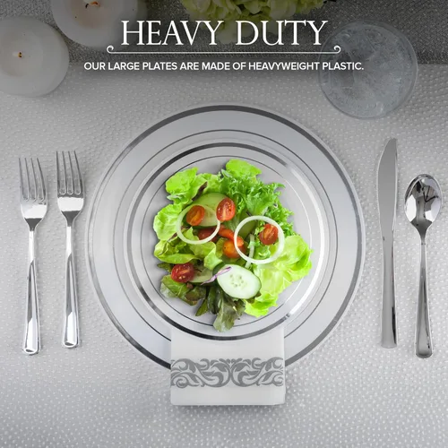 Miniatura 4 de Juego de platos desechables para cena y postre, 200 piezas (10 + 7 pulgadas), elegantes platos de plástico blanco y plateado para fiestas y bodas