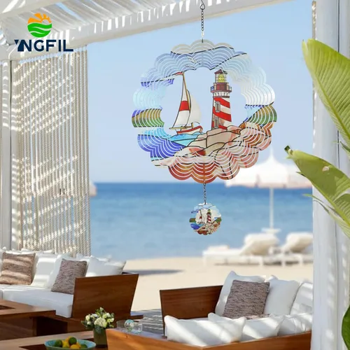 Miniatura 3 de Faro Molinillo de Viento 3D Giratorio Arte de Metal Cinético Colgante Molinillo de Viento Decoración Exterior Adornos de Océano Decoración