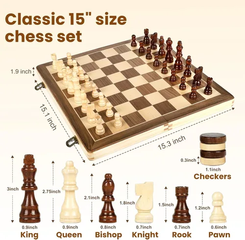 Miniatura 3 de LEAP Juego de ajedrez magnético de madera de 15.5 pulgadas, tablero de ajedrez plegable de 3 pulgadas, piezas de ajedrez de altura King de 3