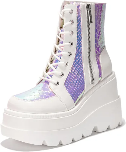 Miniatura 13 de Cape Robbin Botines de plataforma holográficos para mujeres, tacones gruesos en bloque, punta puntiaguda, cuero PU con correa de hebilla