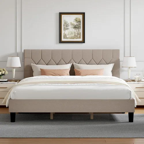 Miniatura 16 de Novilla - Base de cama Queen con cabecero, base de cama tamaño Queen con soporte de listones de madera, cabecero tapizado de terciopelo con puntos