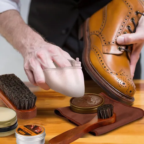 Miniatura 4 de Kit de cuidado de zapatos de 13 piezas para hombres y mujeres, 3 cepillos de crin para pulir zapatos, aceite de visón negro, marrón y neutro