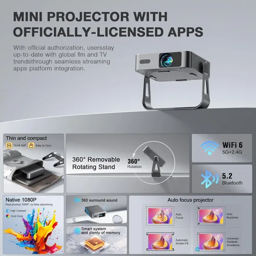 Miniatura 3 de 【Aplicación con licencia oficial y 1800 ANSI】Mini proyector inteligente con WiFi y Bluetooth, VISSPL Native 1080P Auto Focus y Keystone Proyector