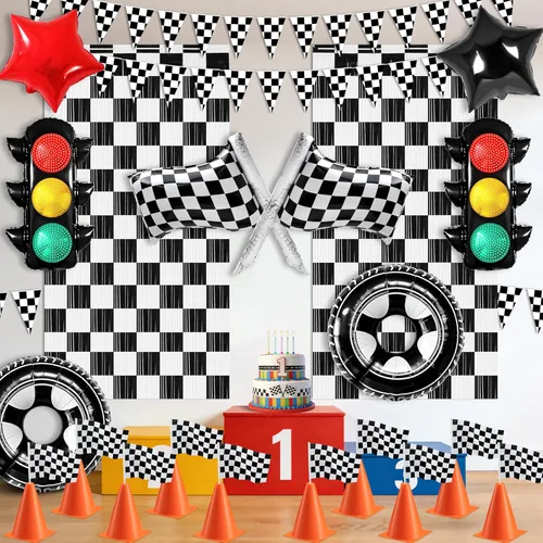 Miniatura 5 de Letsroar Decoraciones para fiestas de cumpleaños de autos de carreras. Las decoraciones de fiesta de autos de carreras incluyen pancarta de carreras