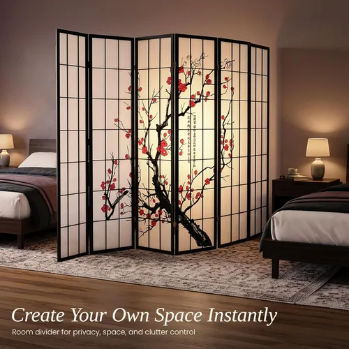 Miniatura 6 de Legacy Decor Biombo de 4 paneles para habitación con diseño de ciruelo en flor. Negro