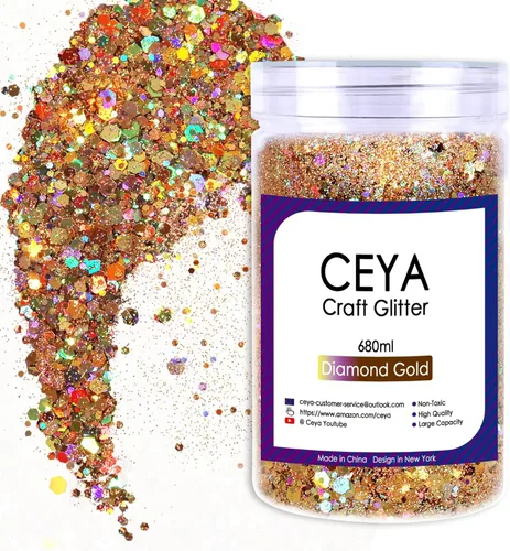 Ceya Brillantina gruesa holográfica, 1 libra/16 onzas, oro diamante a granel, purpurina mixta gruesa y fina embotellada con lentejuelas metálicas