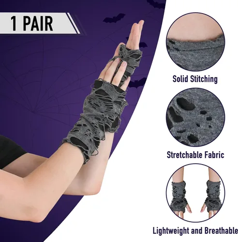 Miniatura 5 de Skeleteen Calentadores de brazos rasgados punk, guantes de punto sin dedos, de manga larga, accesorios góticos para hombres y mujeres, Gris