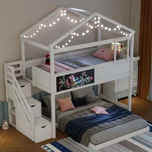 Miniatura 8 de Merax Literas de madera de tamaño individual sobre cama matrimonial con techo y barandilla de protección para niños, niños pequeños, no necesita