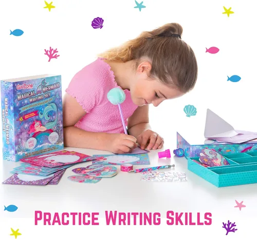 Miniatura 2 de GirlZone Juego de papelería de sirena, 45 piezas, papel blanco, juego de escritura de sirena y kit de escritura de letras para niños