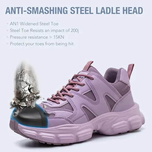 Miniatura 4 de Zapatos de seguridad para mujer y hombre, con puntera de acero, ligeros, transpirables, morados, negros, zapatos de trabajo, zapatos industriales