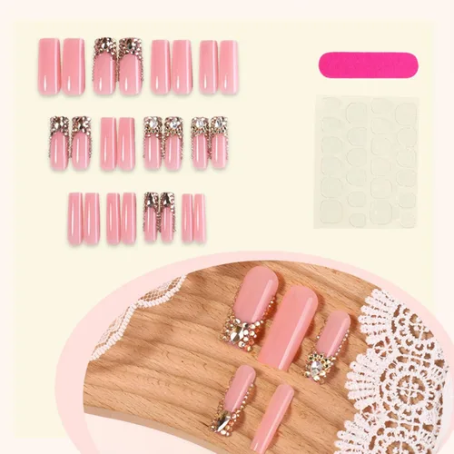 Miniatura 2 de 24 uñas acrílicas a presión, uñas postizas largas con forma de ataúd brillante, color rosa degradado, con diamantes de imitación y purpurina