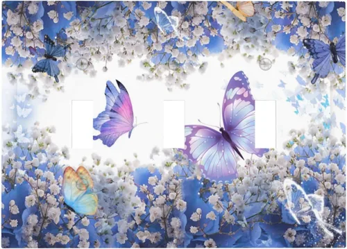 Cubierta de interruptor de luz de 3 cuadrillas con diseño de flores azules púrpuras, cubierta de placa de pared de triple palanca, arbustos florales