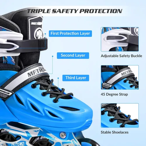 Miniatura 4 de METROLLER Patines en línea para niñas y niños, mujeres, hombres, 4 tallas ajustables, patines en línea con ruedas que se iluminan, patines Azul