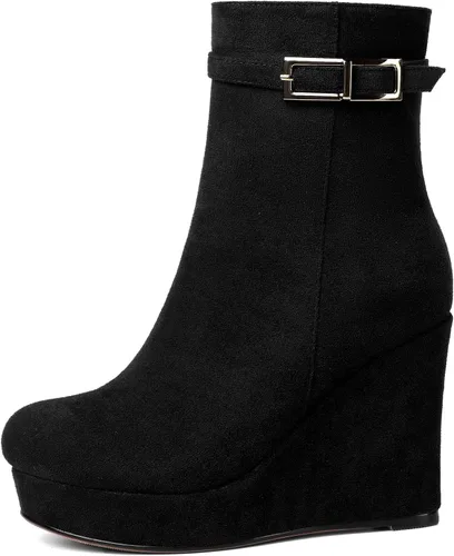 Miniatura 2 de MERRORI Bukle - Botas altas de tacón alto para mujer, puntera redonda, plataforma de gamuza sólida, de 4 pulgadas