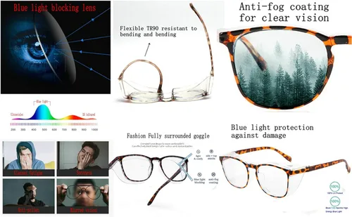 Miniatura 5 de mincl Anteojos de seguridad antivaho antisaliva con protección UV, bloqueo de luz azul, para hombres y mujeres, marco cuadrado, lente transparente