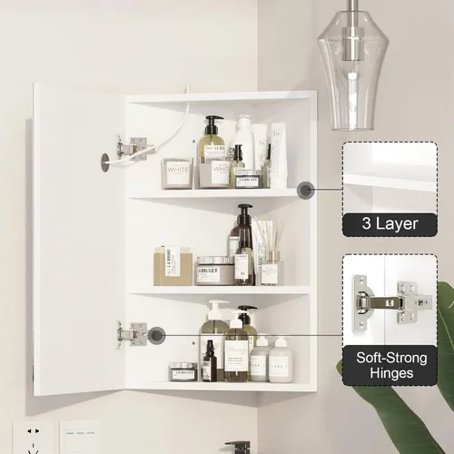 Miniatura 6 de Espejo de esquina para botiquín con luces, botiquín iluminado con espejo, gabinete de espejo LED para baño, gabinete de pared de esquina pequeño