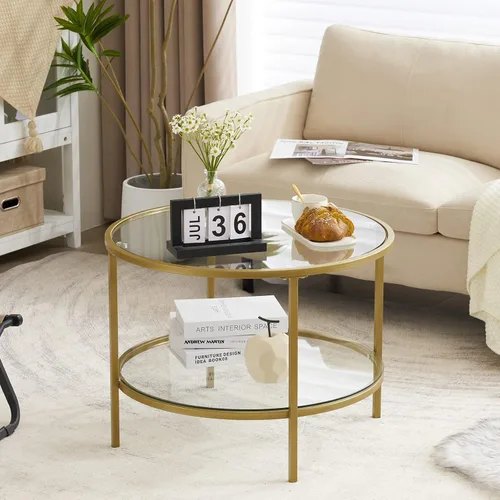 VINGLI Mesa de Centro de Cristal, Mesa de Centro Redonda de 25.6" Dorado Champán para Sala de Estar, Mesa de Centro de Cristal de 2 Niveles con Oro