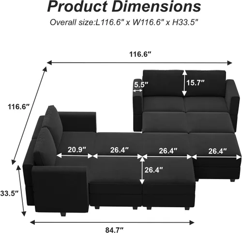 Miniatura 2 de Belffin Sofá modular convertible de gran tamaño con otomanas de almacenamiento, sofá cama seccional extra grande con diván reversible, sofá cama