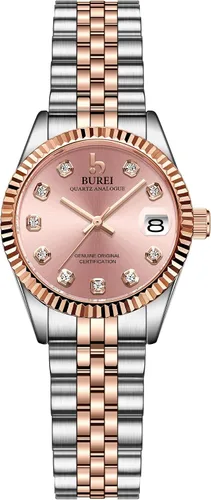 Miniatura 19 de BUREI Reloj de negocios para mujer con fecha de día, movimiento de cuarzo analógico, pulsera de acero inoxidable de oro plateado, reloj de moda