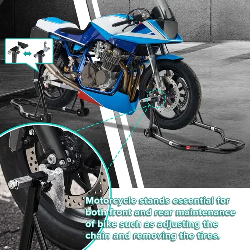 Miniatura 6 de Soporte para rueda delantera y trasera de motocicleta (850 lb), soporte de elevación de brazo oscilante, color negro, U+L