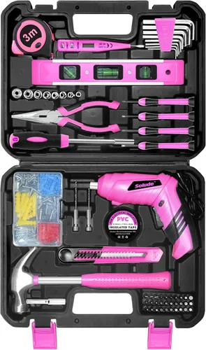 Juego de herramientas rosa, juego de 130 piezas para el hogar para mujeres con destornillador recargable inalámbrico de 3.6V, juego básico de