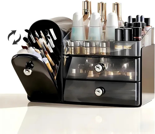 Organizador de maquillaje para tocador con soporte de cepillo cubierto, organizadores de baño con cajón, organizador de cuidado de la piel,