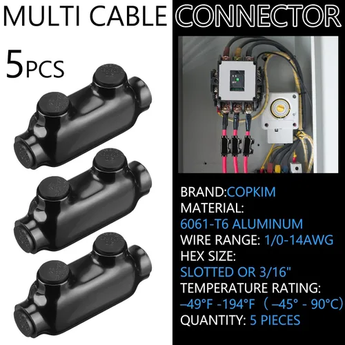 Miniatura 2 de Copkim 5 Piezas Conectores de Cable Aislados Negros Conector de Empalme 2 Puertos Terminales de Soldadura de Cable Múltiple Empalmadores de Cable