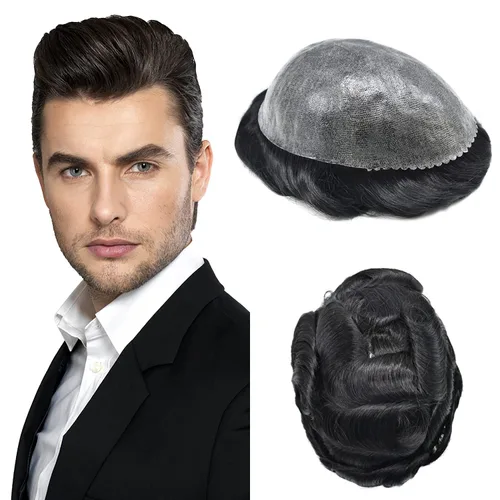 Miniatura 9 de Sistema de cabello para hombres Toupee Cabello Humano Piezas Poli Piel Toupee para Hombres Hairpiece All PU inyectado 8X10 Inch Mens Toupee Protesis