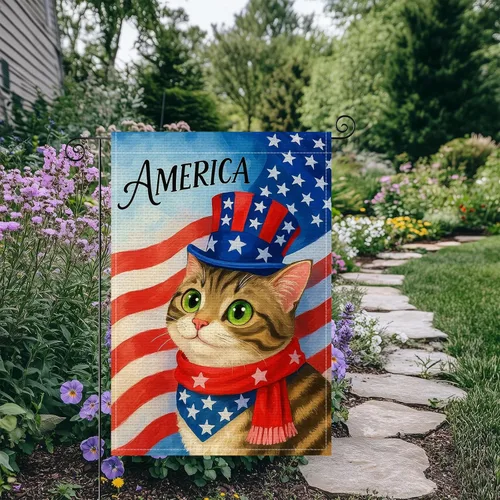 Miniatura 6 de HOMETITUTE Bandera de jardín de gato de 12 x 18 pulgadas, bandera de arpillera vertical de doble cara para patio, bandera patriótica de Estados