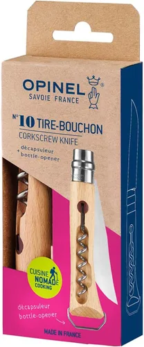 Miniatura 2 de Opinel Sacacorchos de acero inoxidable No. 10, cuchillo plegable para vino y queso, sacacorchos integrado + abridor de botellas, mango de madera