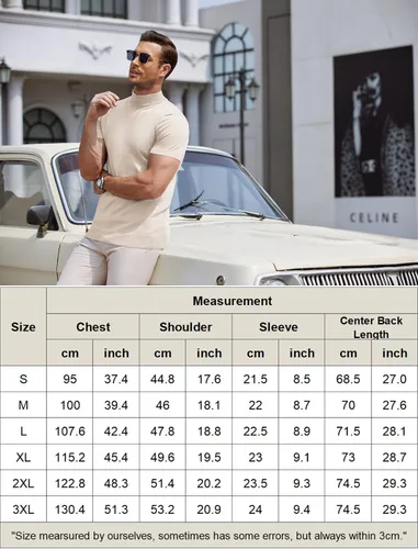 Miniatura 6 de COOFANDY Suéter de cuello alto falso para hombre, de manga corta, color sólido, básico, ajustado, de punto