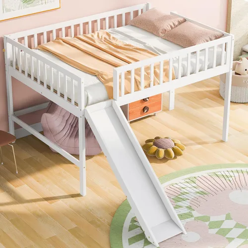 Miniatura 9 de Cama alta individual con tobogán, marco de cama loft de madera con escalera, cama baja tamaño individual, no necesita somier, gris