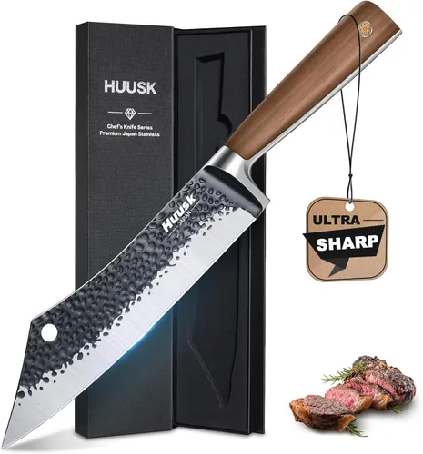 Huusk Regalos de parrilla para hombres, cuchillo de carnicero forjado a mano de alto carbono japonés vikingo tallado cuchillos para rebanar barbacoa