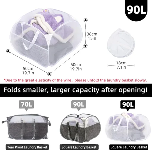 Miniatura 2 de Cesta de lavandería plegable, cesta de lavandería emergente de 90L con asas, cesta de ropa sucia de malla para lavandería, baño, habitación de Blanco