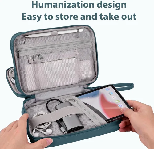Miniatura 5 de Organizador de viaje electrónico para cables, cables, cargadores, Tech Essentials, doble capa (azul aguamarina, PU-L)
