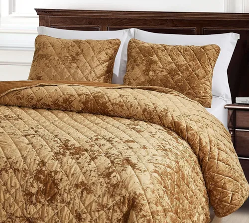 Miniatura 3 de Chezmoi Collection Lux - Juego de edredón de terciopelo dorado caramelo, tamaño King, 3 piezas, ropa de cama de terciopelo desgastado de felpa
