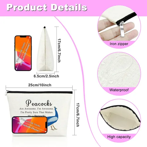 Miniatura 2 de Mxrymvu Bolsa de cosméticos de pavo real, regalos temáticos de pavo real para amantes - Bolsa de maquillaje inspiradora, Beige, Pavo real