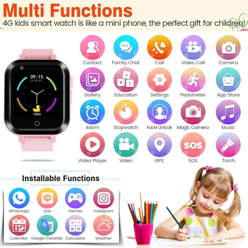 Miniatura 4 de OKYUK Reloj inteligente con GPS 4G para niñas y niños, IP67, impermeable, deportivo, reloj inteligente para niños, con cámara, WiFi, videollamada