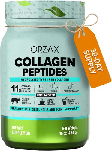 ORZAX Polvo de péptidos de colágeno | Bovino alimentado con pasto hidrolizado tipo I y III con biotina y ácido hialurónico | Suplemento de colágeno
