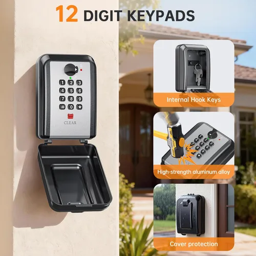 Miniatura 3 de Caja de bloqueo de llave, combinación personalizable de 12 dígitos, caja de seguridad para llaves con código reposable, gran capacidad y resistente