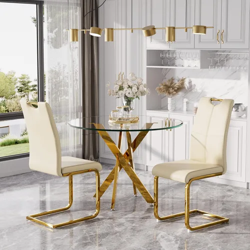 Juego de mesa de comedor redonda moderna de vidrio de 36 pulgadas para 2, mesa de comedor de vidrio con patas cruzadas de metal, mesa de cocina con